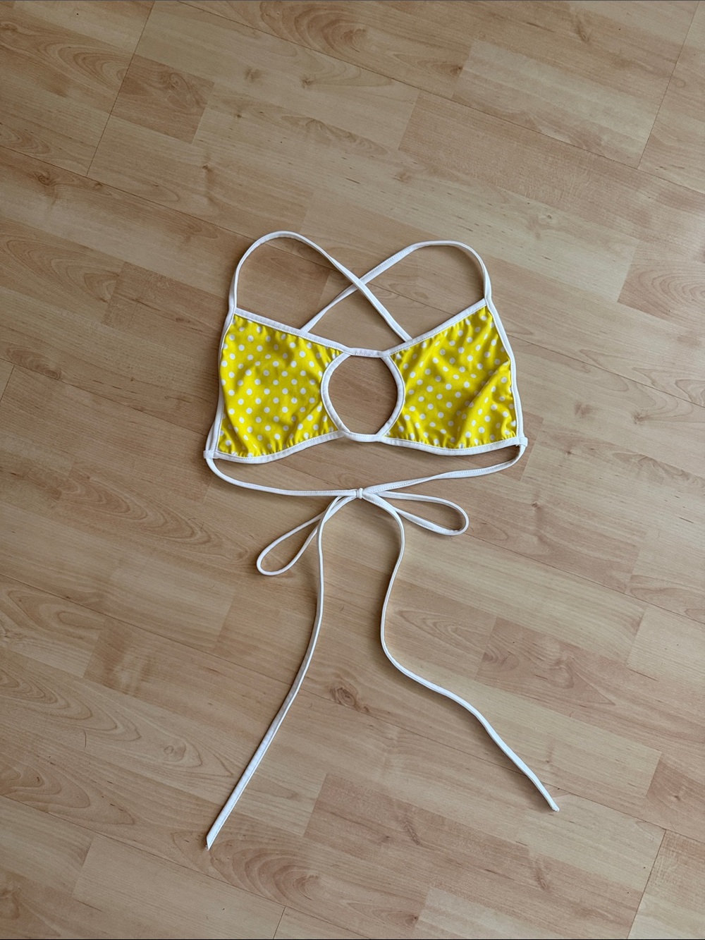 Wicked Temptations Yellow Polka Dot Tie-Back Bikini Top with White Trim